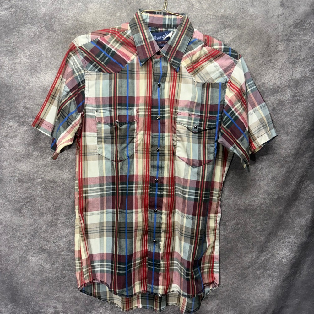 Vintage 90s Wrangler Plaid Western Pearl Snap Shirt Size M 15.5 X-Long Tails